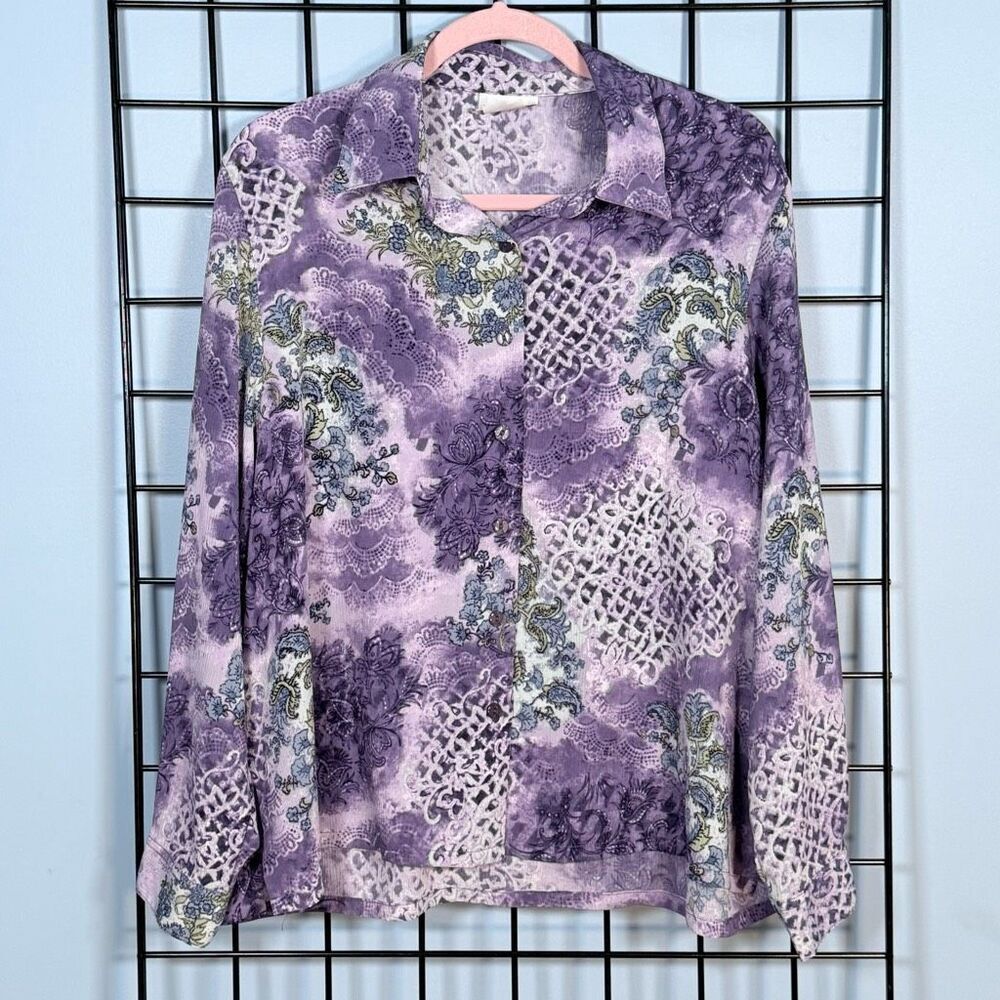 Bonworth Paisley Floral Disco Shirt Womens L‎ Purple Petite Vintage Inspired